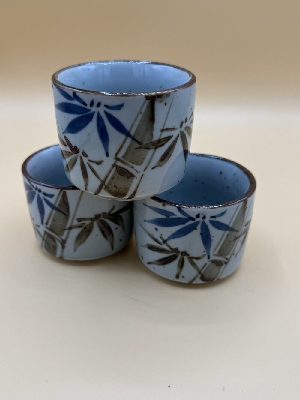 Set of 3 Blue Bamboo Dragonfly Sake Cups Tea Cups Japanese Style Ceramic